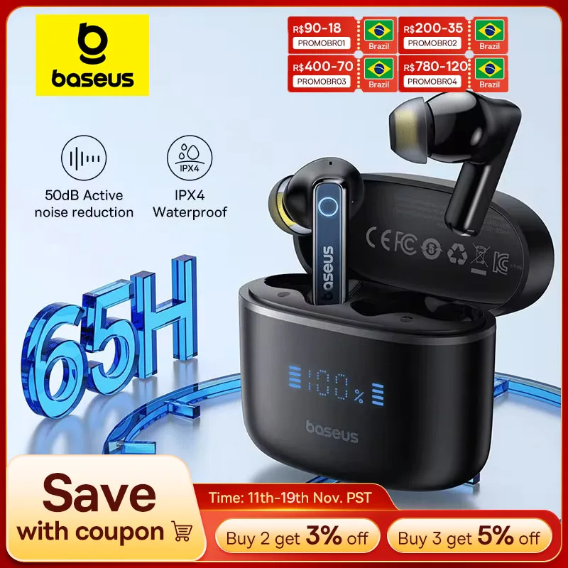 Baseus Bowie 30 Fones de ouvido sem fio 50dB Redução de ruído 65 horas de longa duração Bluetooth 5.3 Fones de ouvido 6 microfones AI Call Clear Big Bass
