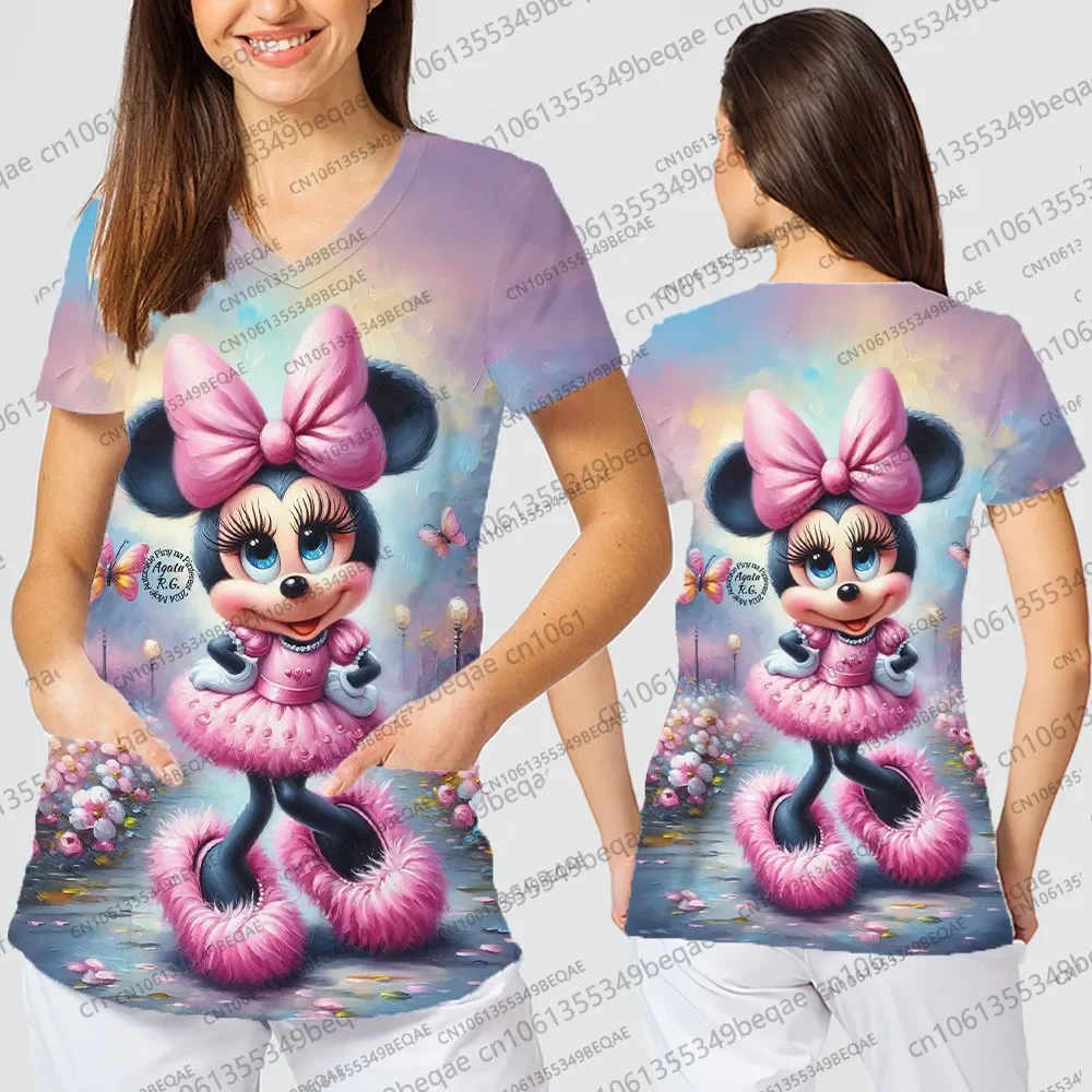 العصرية Y2k نمط الخامس الرقبة المرأة تي شيرت قصيرة الأكمام تنفس ممرضة موحدة ديزني مستوحاة تصميم الإناث الزي غير رسمي #1