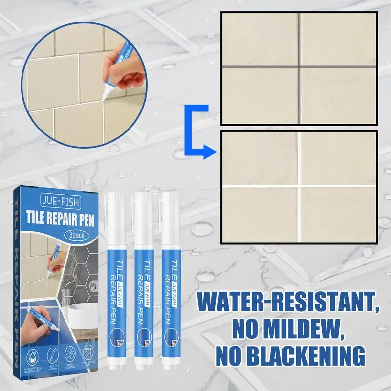 Rotulador de azulejo impermeable, Blanca de lechada de 3 piezas rotulador, costura de pared opcional, para azulejos, suelo, baño, reparación de costuras de descontaminación, lechada blanca