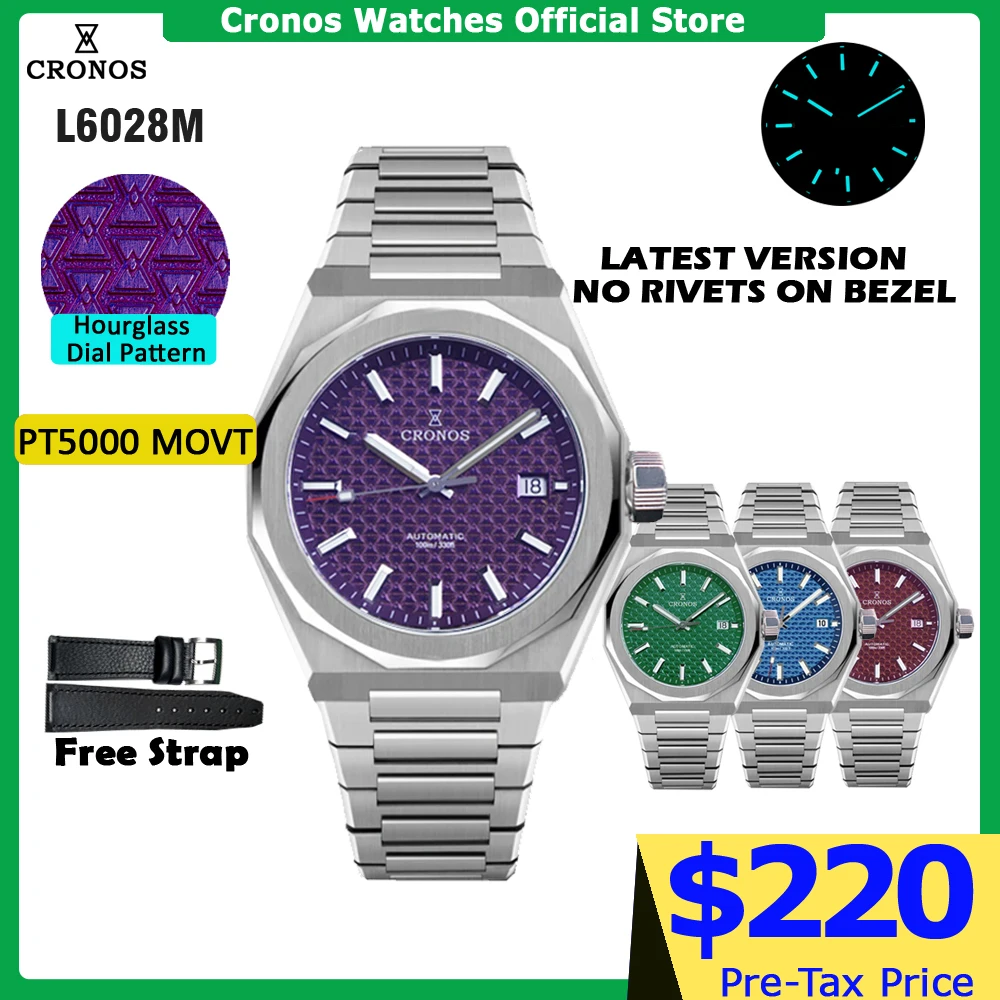 Cronos Luxury Men Watch 39mm Automatic PT5000 SW200 Wristwatches Sapphire 10ATM See-through Back L6028M