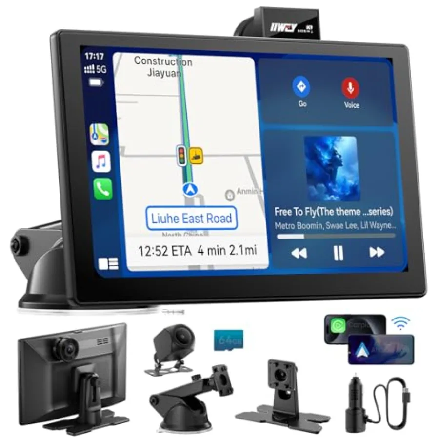 

IK9 9" Wireless CarPlay and Android Auto Screen, Portable Car Stereo with 4K Dash Cam and 1080p Rear Camera, CarPlay with Backu