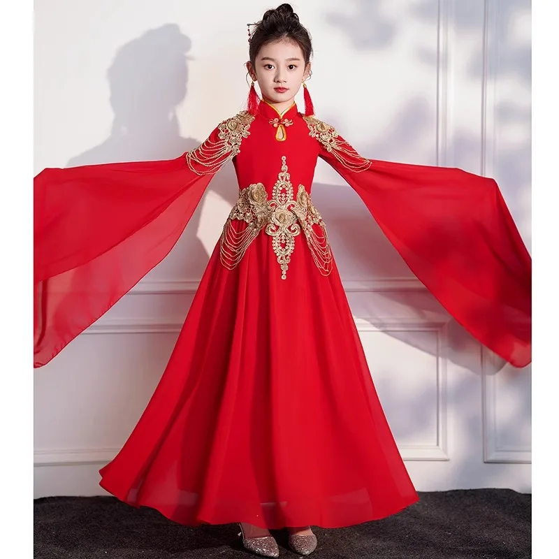 

Girl's Guzheng Qipao Princess Performance Costume Chinese Style Qipao Dress Red Spring Festival Costume Gift Vintage Dance Wear