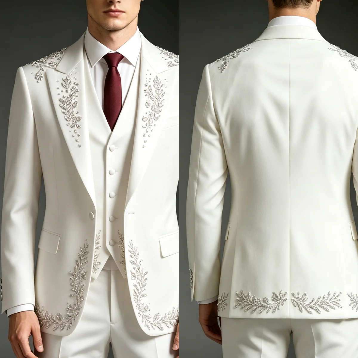 Gorgeous Men Wedding Suit Peaked Lapel One Button Beaded Crystal Engagement Prom Set Customized 3 Piece Celebrity Party Wear