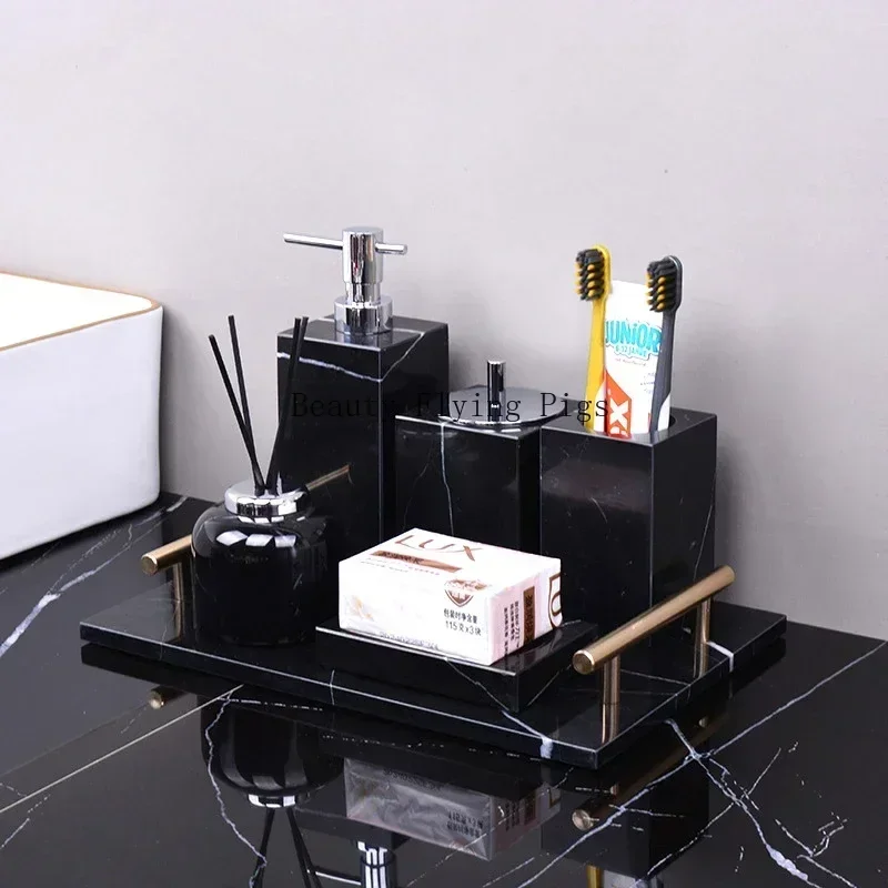 

Black Marquina Natural Marble Bathroom Accessories Luxury Nero Margiua Soap Dispenser Cup Mug Tissue Box Bathroom Toiletry