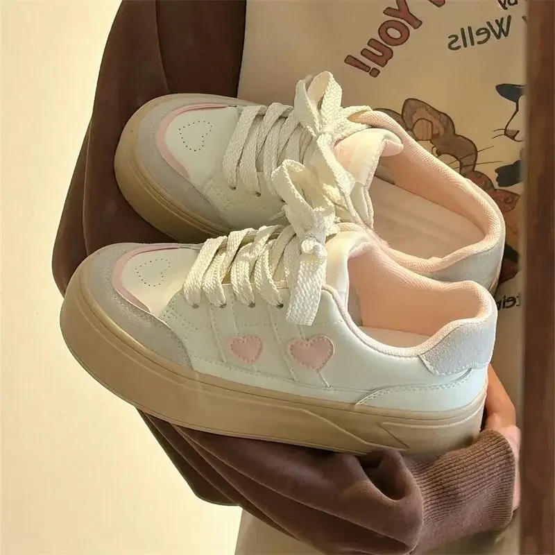 SHANPA Pink Heart Patchwork Sneakers Sweet Korean Style Low-top Womens Sports Shoes Versatile Casual Pu Leather Female Shoes