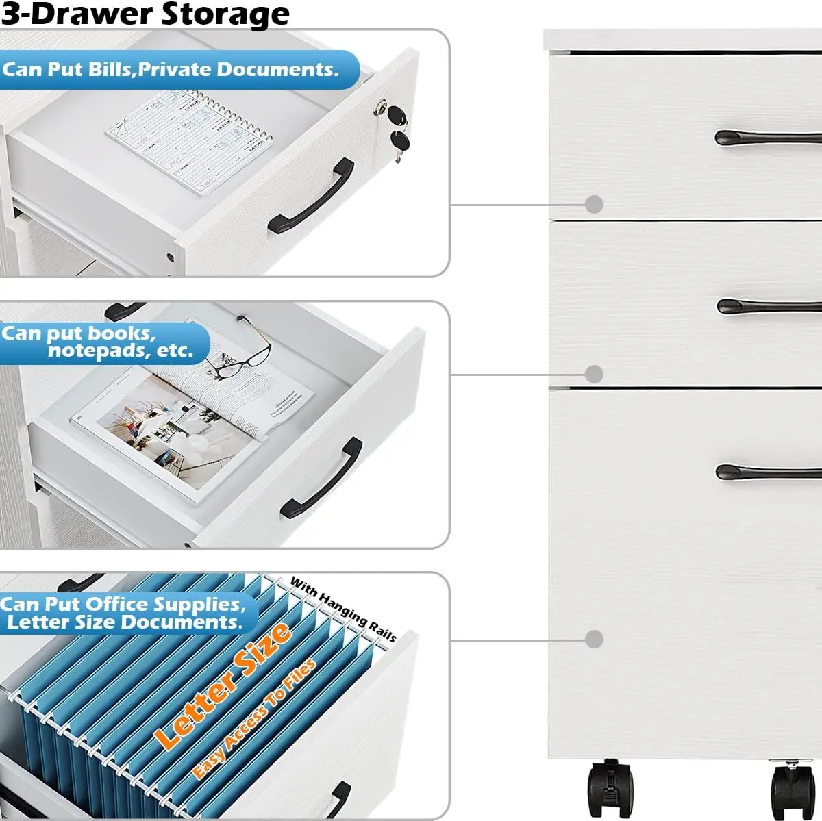 Armario de archivos móvil de madera, cajones de almacenamiento para debajo del escritorio, pequeño, para oficina en casa, blanco, 3 cajones, nuevo