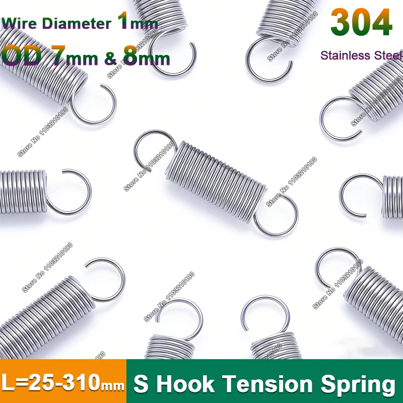 1mm Open S Hook Tension Spring OD 7-8mm 304 Stainless Steel Multipurpose Pullback Extension Expansion Tensile Springs L=20-310mm