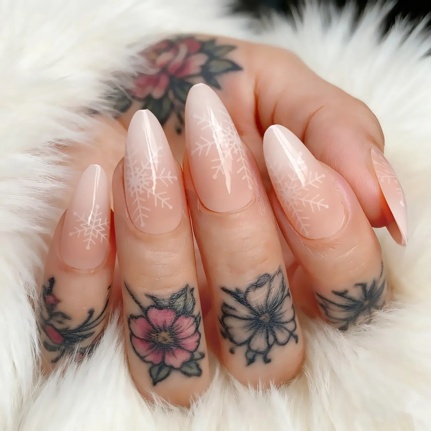 

Acrylic Christmas Snow Short Stiletto False Nails With Glue Gradient Nude Press On Fake Nails DIY Woman Manicure Accessory