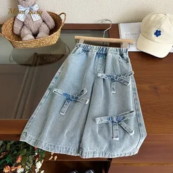 Moda dziewczynka księżniczka bawełniane dżinsy z szeroką nogawką spodnie niemowlę maluch dziecko luźna kokardka spodnie dżinsowe Casual ubranka dla dzieci 1-7Y