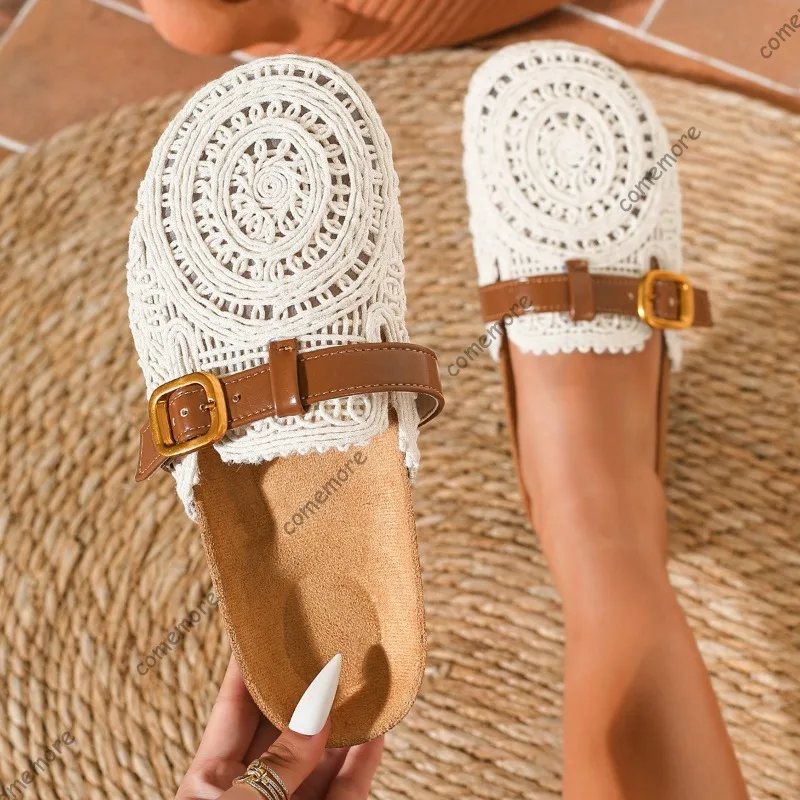Sandalias de mujer de ganchillo con encaje y correa de hebilla, tipo mule, de punta cerrada, transpirables, sin cordones, estilo bohemio, de corcho, informales, planas