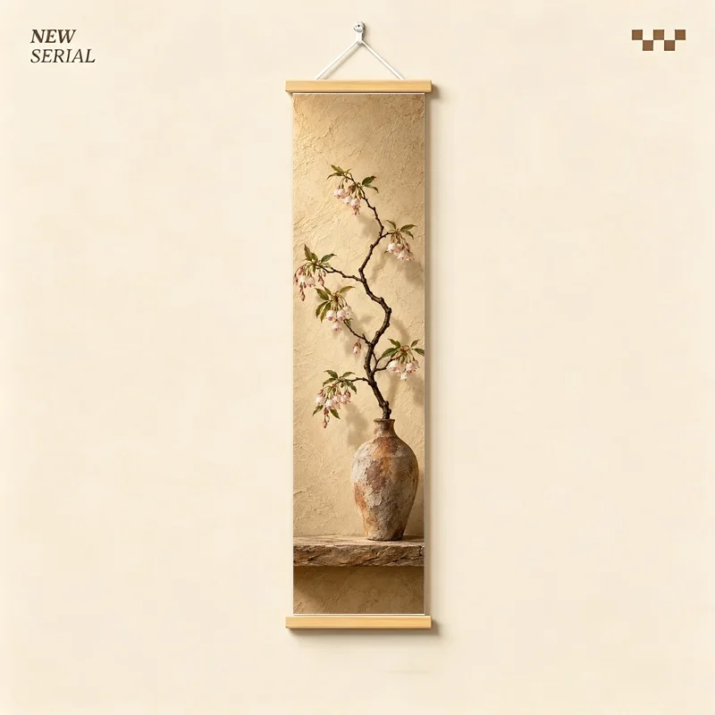 Wall Art Japanese Enkianthus and Greenbrier, Wabi-Sabi Silver Shimmer Canvas Hanging Scroll for Peaceful Meditation Room