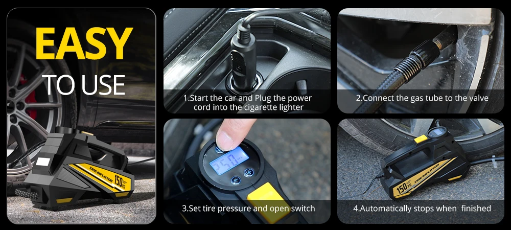 CARSUN Tragbarer Luftkompressor 12V 150PSI Reifenpumpe Schnelle Aufpumfung LED Automatische Abschaltung Digitales Manometer für Motorrad Ball CE – Detail 5