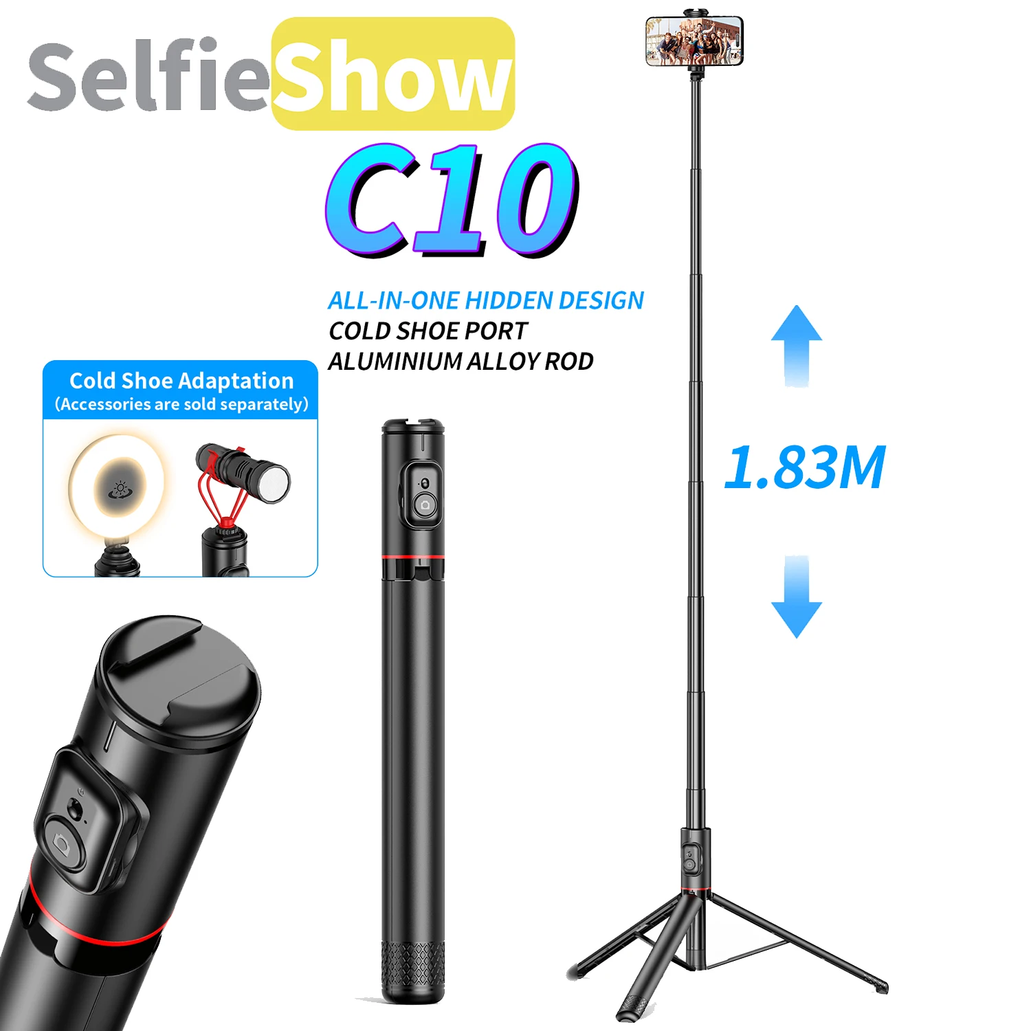 Trépied Selfie Stick en alliage d'aluminium, télécommande Bluetooth sans fil, étui extensible de police portable, téléphone portable iOS et Android, 72" matraque télescopique self defense perche telephone baton telesco