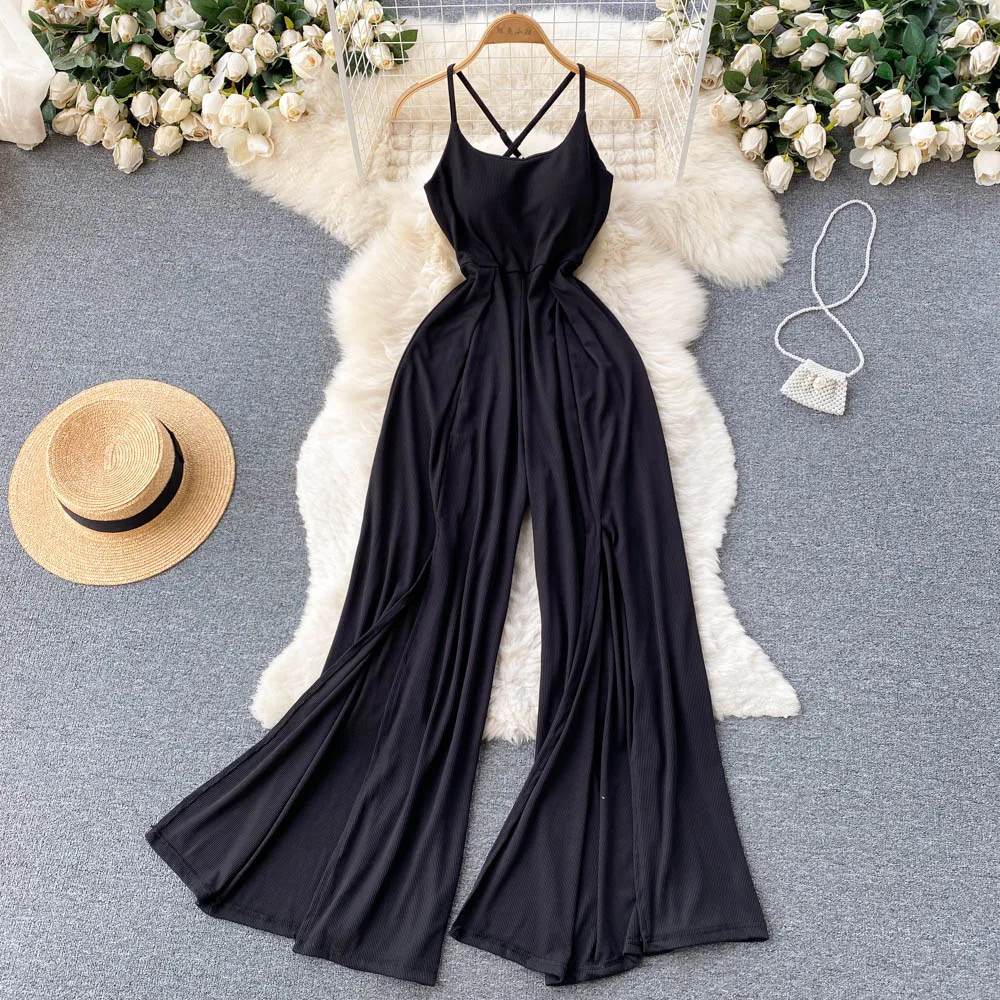 Chic Vintage slim backless slip Top Jumpsuit Elegant High Waist pleated split Wide Leg Pants Summer Women Playsuit