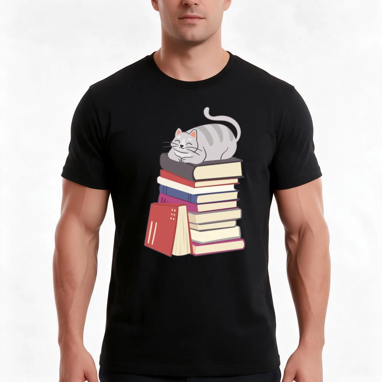 Stack of Books and a Chubby Cat T-Shirt, Summer Casual Cotton Tee, Oversized Streetwear Tops, Vintage Graphic Print, 100% Cotton