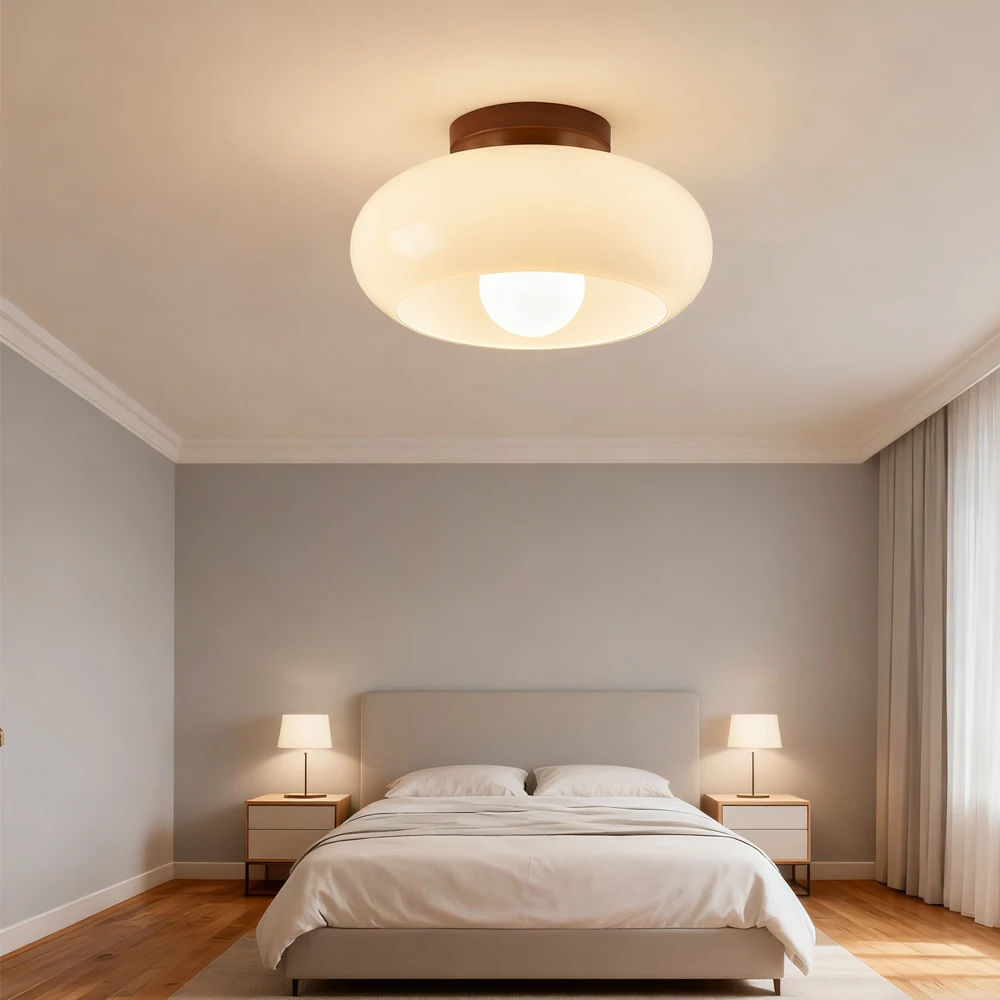 مصباح سقف قابل للتعتيم بثلاثة ألوان مع غطاء زجاجي كريمي، مصباح سقف LED عتيق مع قاعدة خشبية لغرفة النوم والممر وغرفة المعيشة
