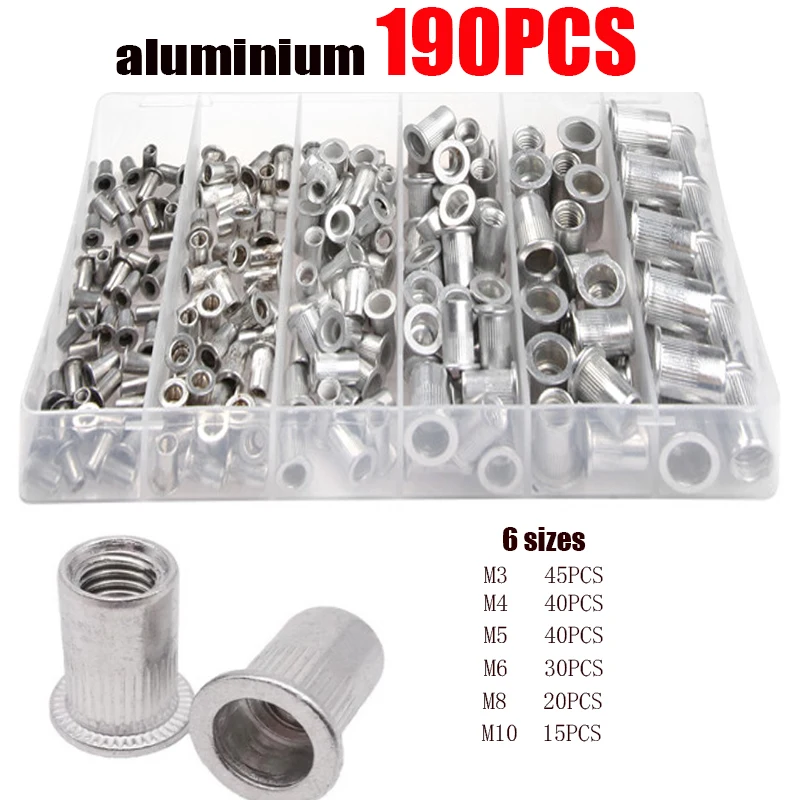 190/165/150/100pcs M3 M4 M5 M6 M8 M10 Aluminum Flat Head Rivet Nuts NutsInsert Cap Thread Insert Rivet Nut Tool Set Woodworking