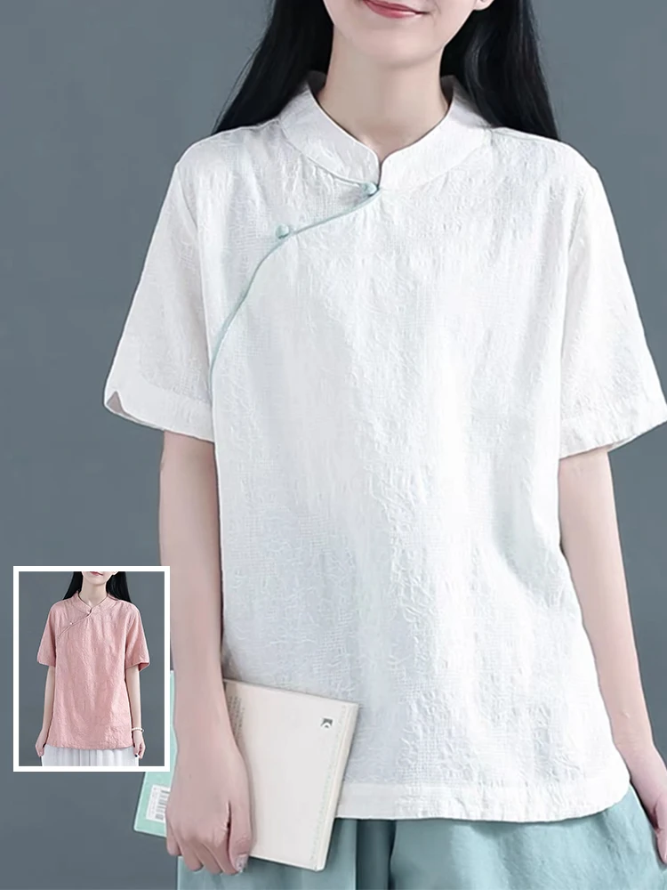 

Retro Chinese Sle Cotton Linen ort Sve irt Women Summer New Zen Sle Side Buttoned Stand Collar Tea Costu...