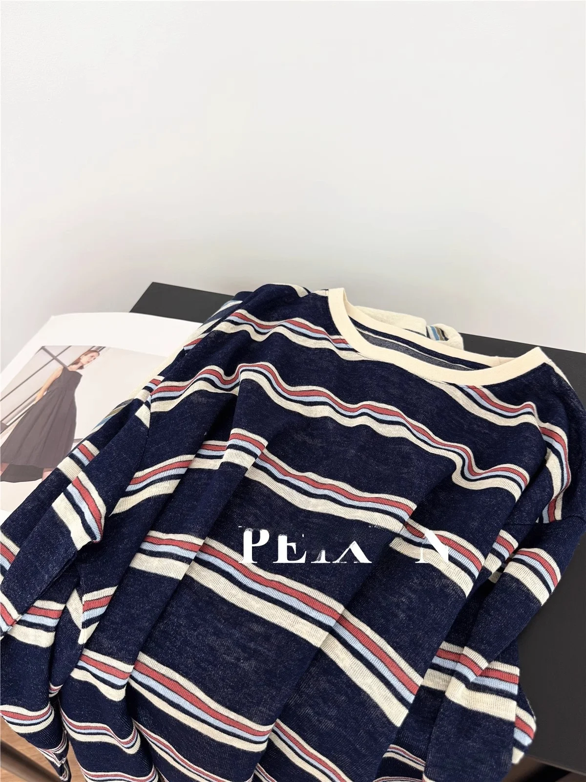 

Large Size 300 Pou Faionable Long Sve T-irt Women Summer Transparent Sun Protection Striped Collar Color Blo Top