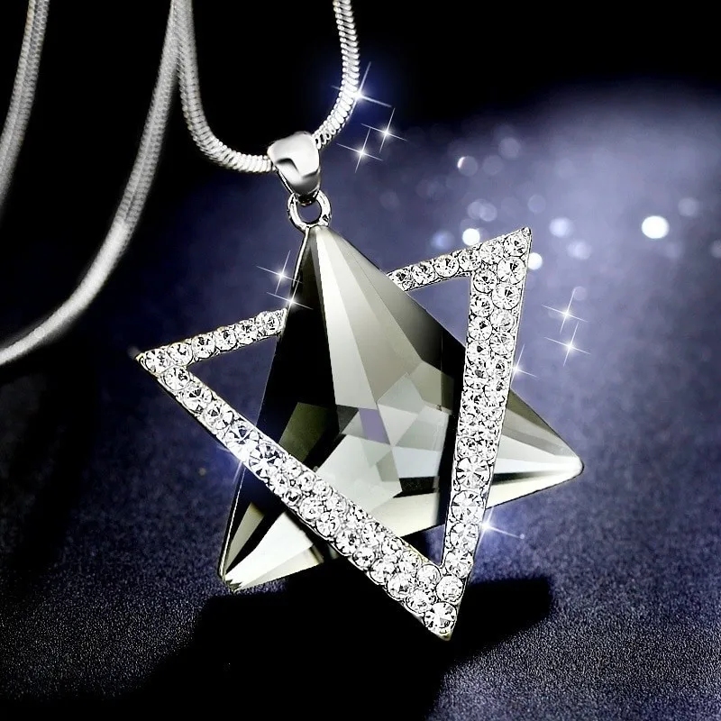 2024 New Fashion Geometric Triangle Blue Crystal Pendant Necklace Women's Hexagonal Star Metal Long Sweater Chain Accessories