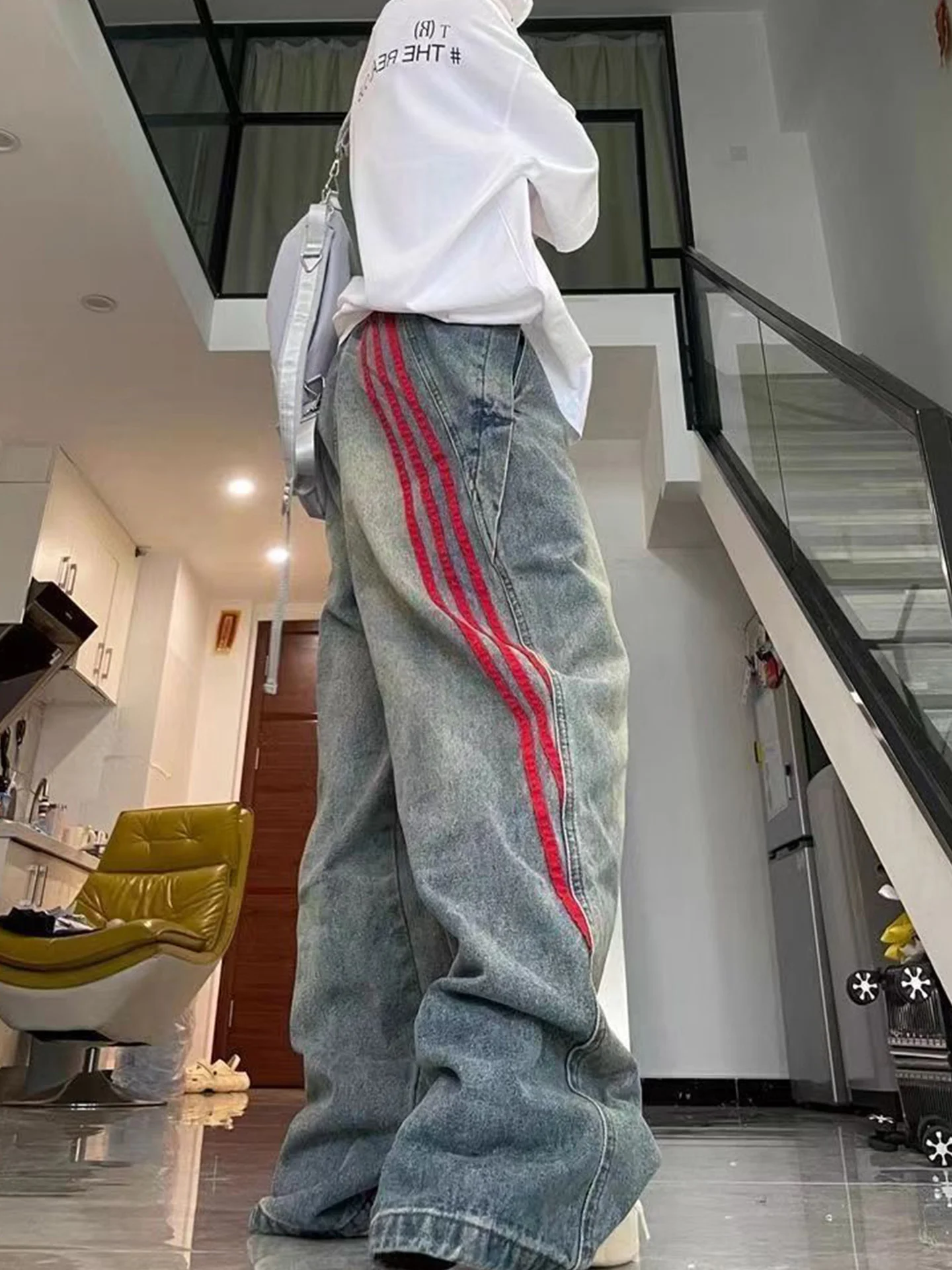 

American Retro Striped Splicing Wide Leg Jeans Women's High Street Design Loose Workwear Pants Straight Cut Denim Jeans