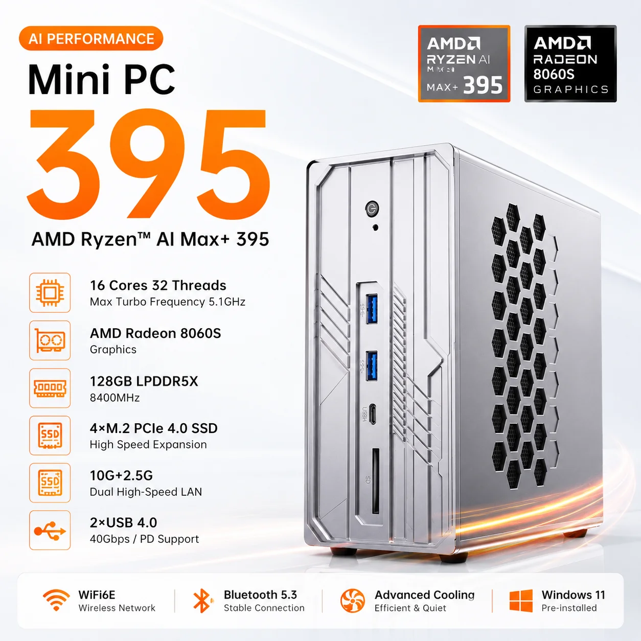 MSECORE AI Max+ 395 Mini PC AMD Radeon 8060S 128GB LPDDR5X 4x M.2 NVMe SSD 10G + 2.5G LAN WiFi6E BT5.3 USB4 8K Windows 11 Gaming