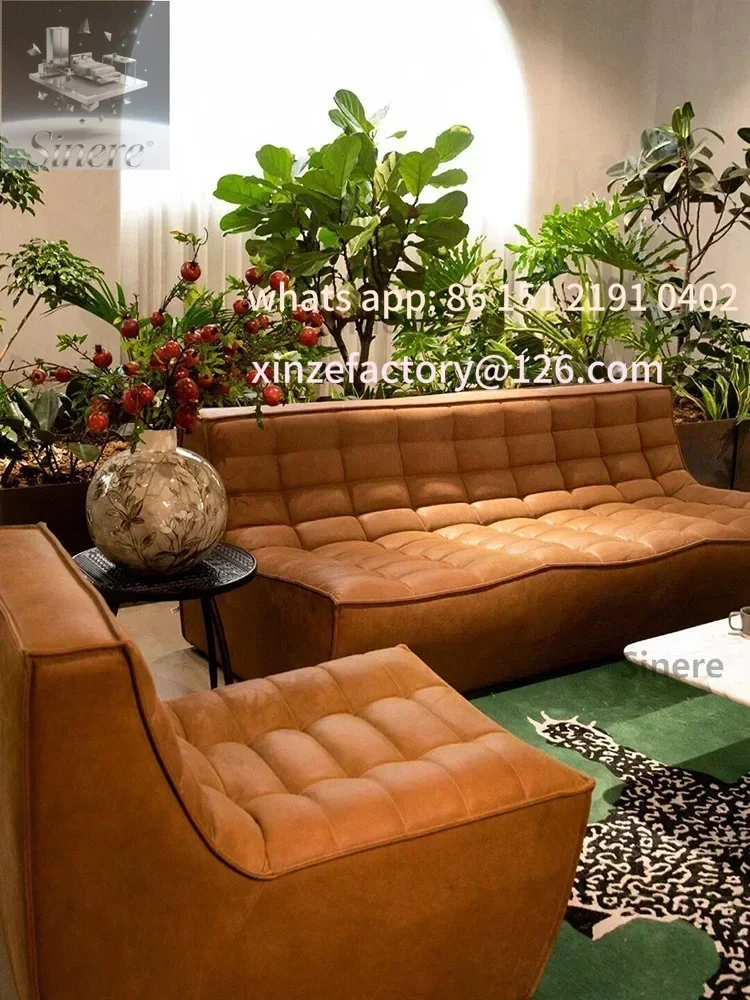 

Customizable Nordic expression retro leather sofa living room waffle N701 modern medieval French module corner combination