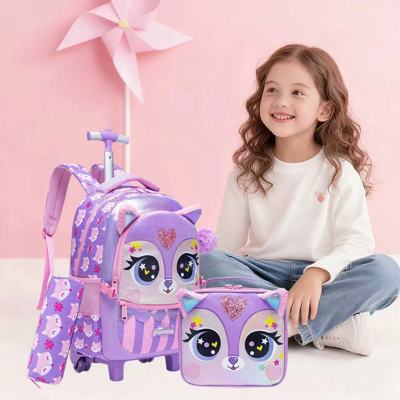 Kids Rolling Backpack with Wheels Cute School Bookbag for Elementary Students Travel Luggage for Girls Ages 6-12 Lightweight Carry on Trolley Bag with Lunch Bag and Pencil Case view 6