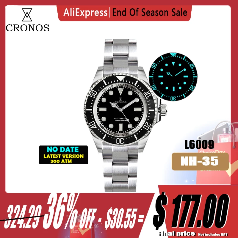 Cronos Automatic Diving Man Watch Stainless Steel Bracelet 2000 Meters Water Resistance Professional Diver Men's Watches L6009M