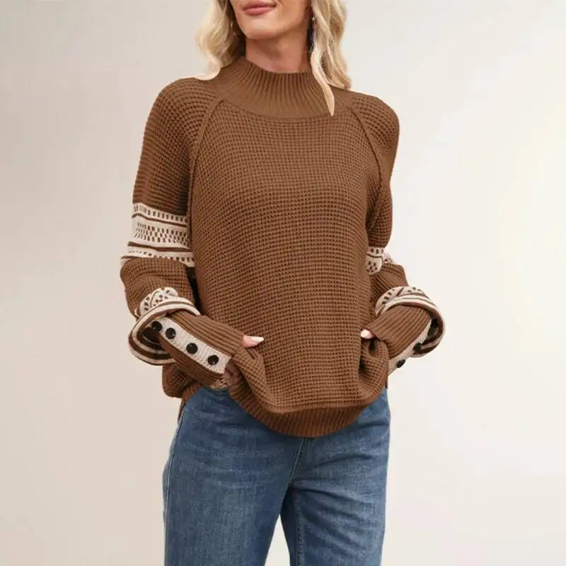 Casual Fashion Style Women Long Sleeves Knitted Sweater Half Turtleneck Stripe Stitching Pullover Top For Autumn