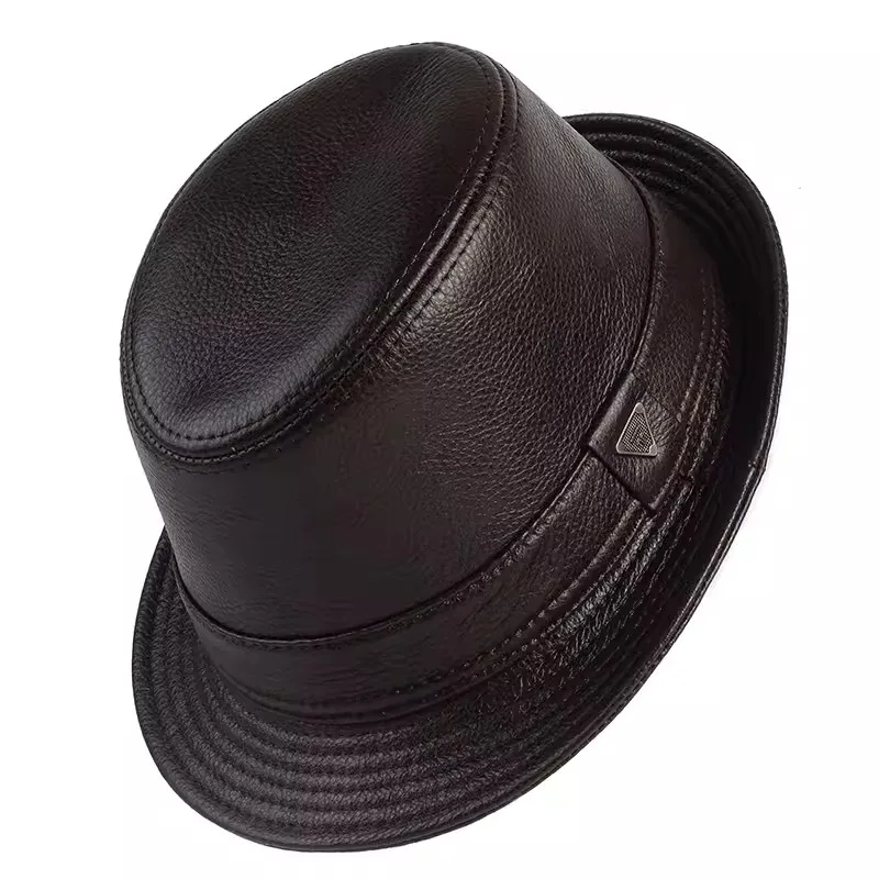 New 2024 Man High Quality Genuine Leather Jazz Fedora Gentleman CowSkin Short Brim Black/Brown Fitted Top Hat Male Shows