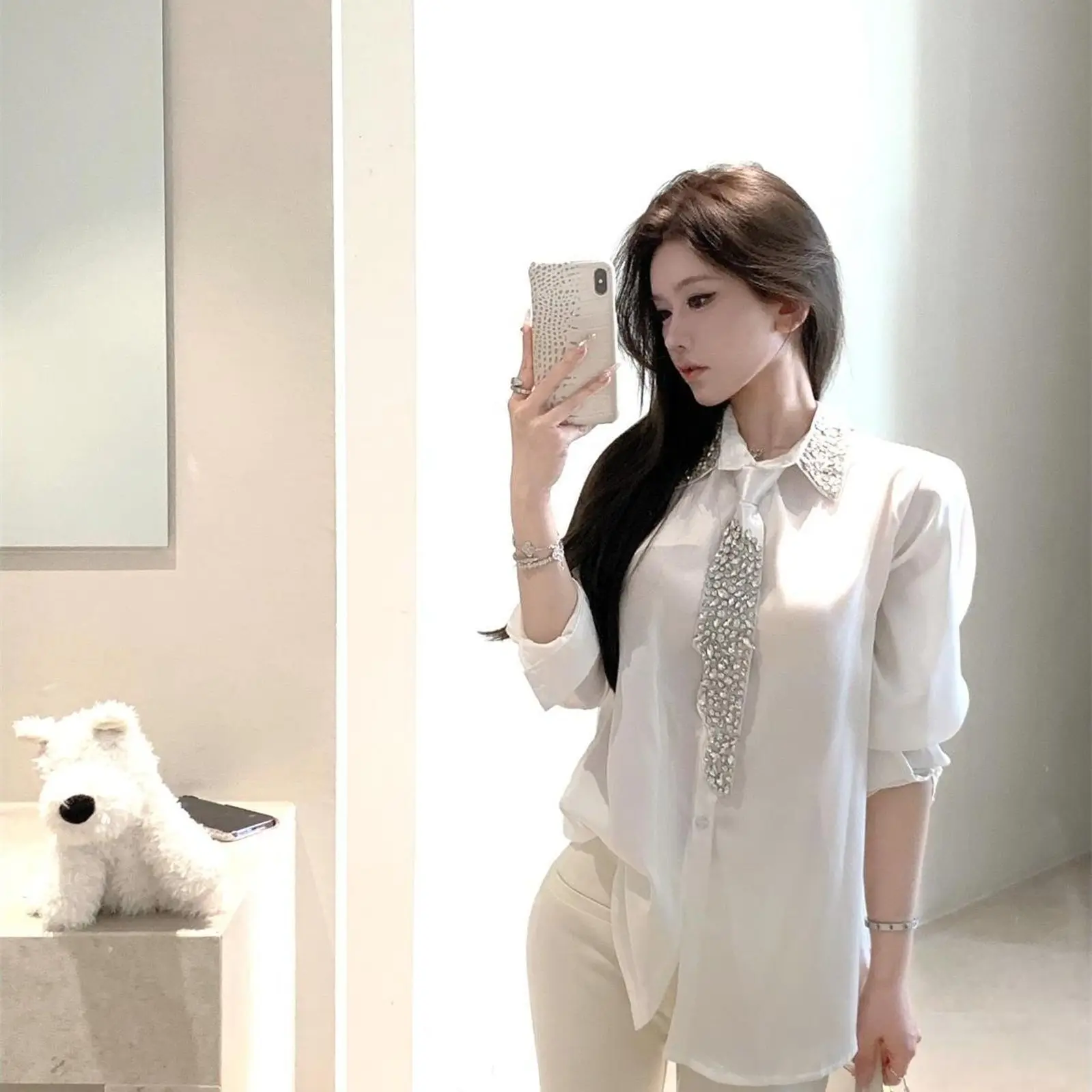 Luxury Woman Diamonds Beaded Turn Down Collar Faux Silk Rhinestones Tie Shirts Glossy Satin Crystal Blouses OL Cardigan Tops