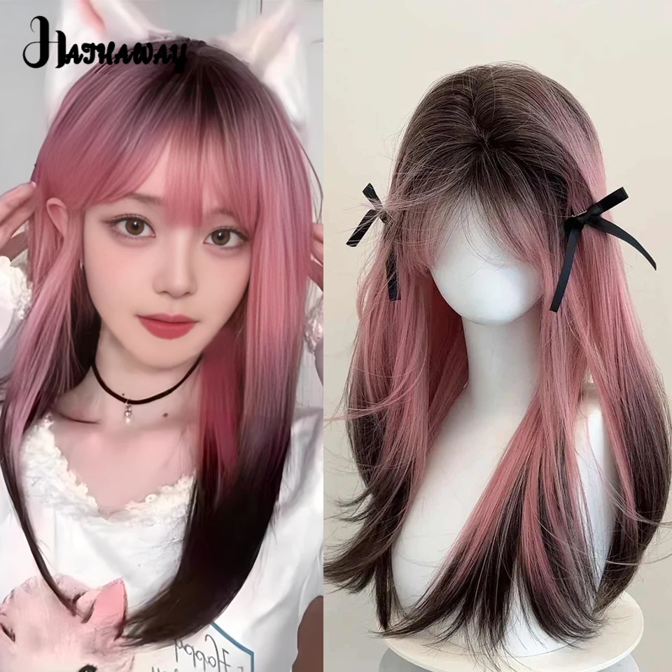 Synthetic Wig Small Lace Black And Brown Gradient Dark Blue Eight-character Bangs Long Vacation Hair Female Wolf Tail Gradient