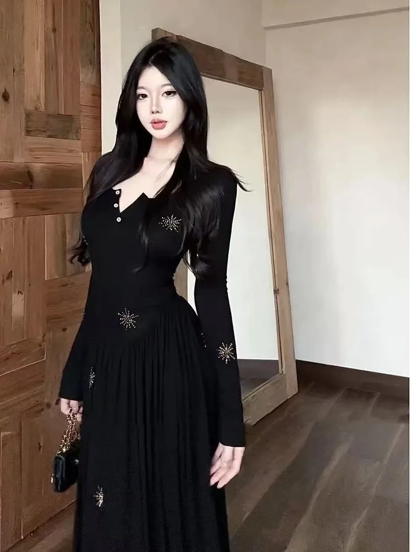 Ele Pure Desire Long Sve bestickter Dr. V-Ne A-Linien-Rock mit hoher Taille, lässiger SLE-Polyesterfaser, Winter-Dr