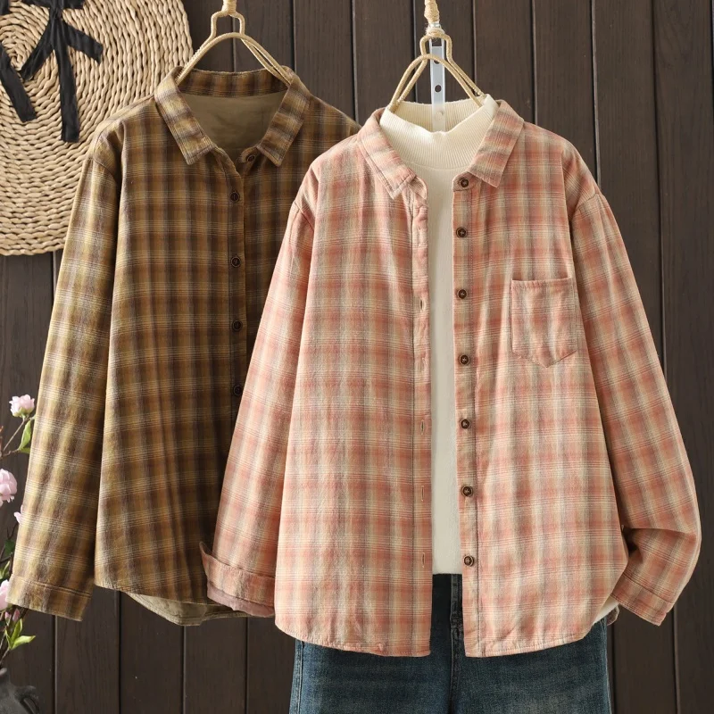 

Lightweight Plaid Cotton irt Women's Casual Loose Warm Long Sve Inner Wear Polyester Fill Autumn Winter Collar Top