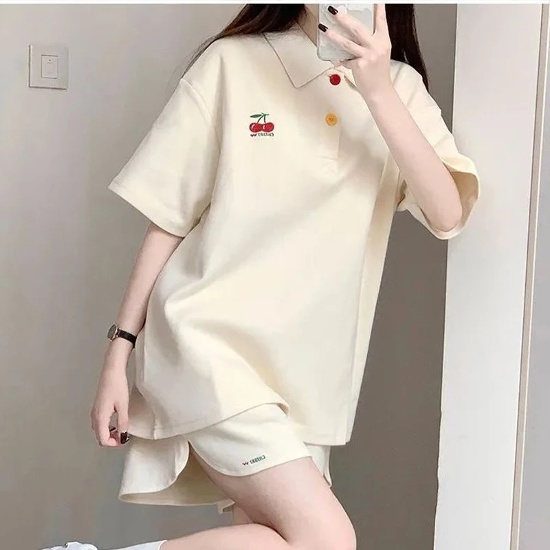 Summer new Japanese style loose polo_neck short sleeves T-shirt+wide leg shorts Youth Campus Style two pieces set for women