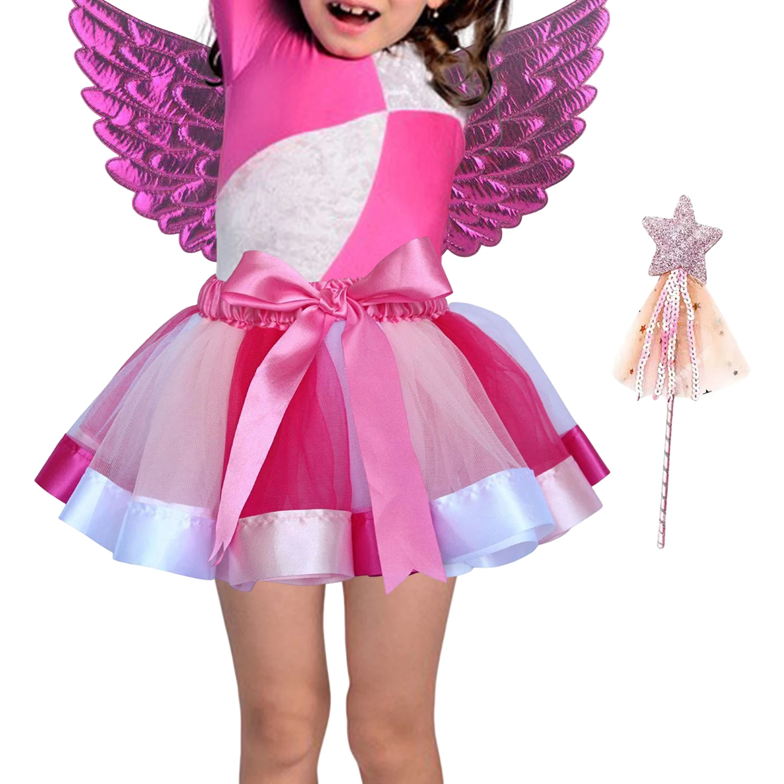 Girls Fairy Costume Set with Butterfly Wing Wand for Cosplay Stage Performance Halloween Photography Ages 3-6