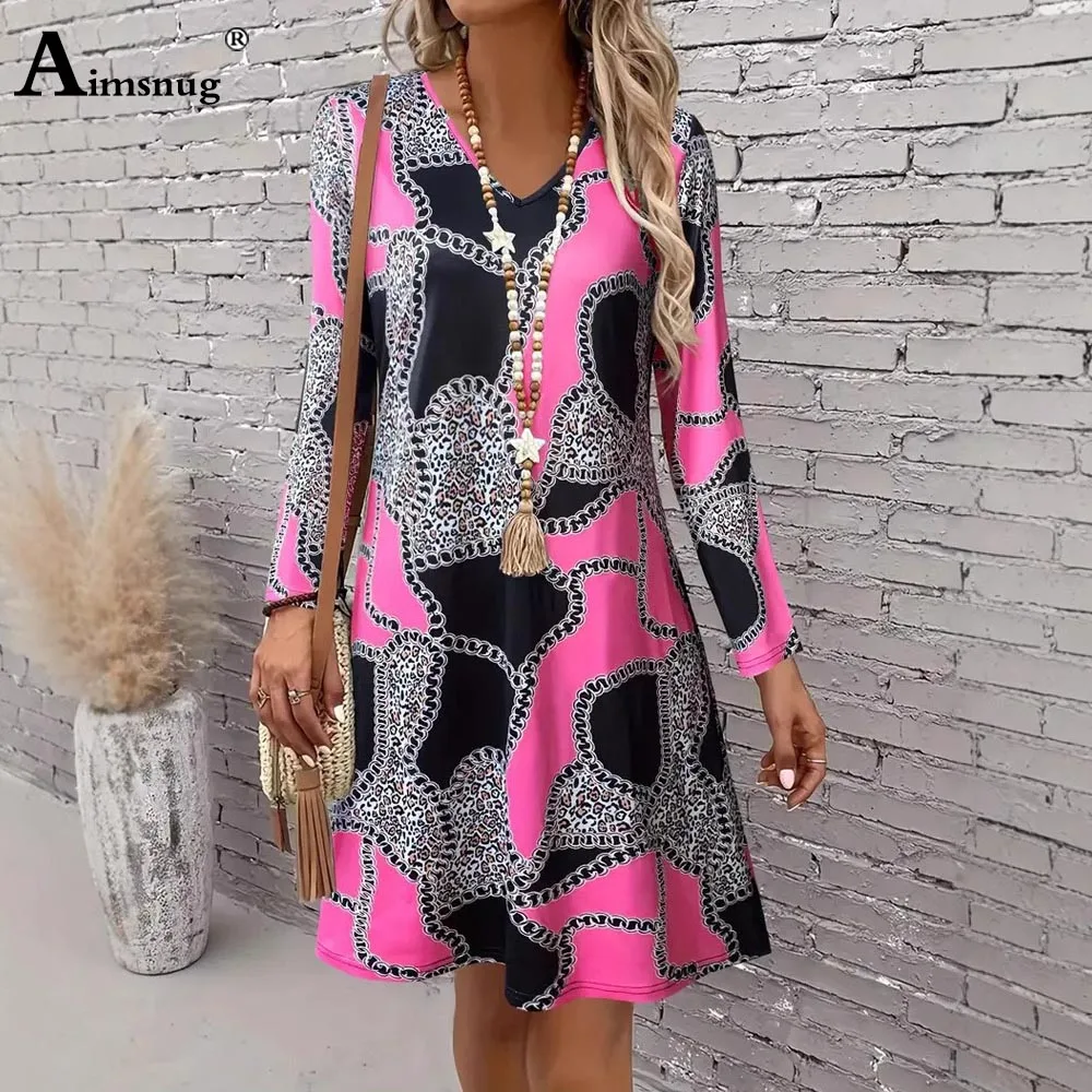 Aimsnug Frauen Lange Ärmel Party Kleid Weibliche V-ausschnitt Boho Blume Drucken Befree Kleid Große Große Damen Elegante Kurze Mini Kleider