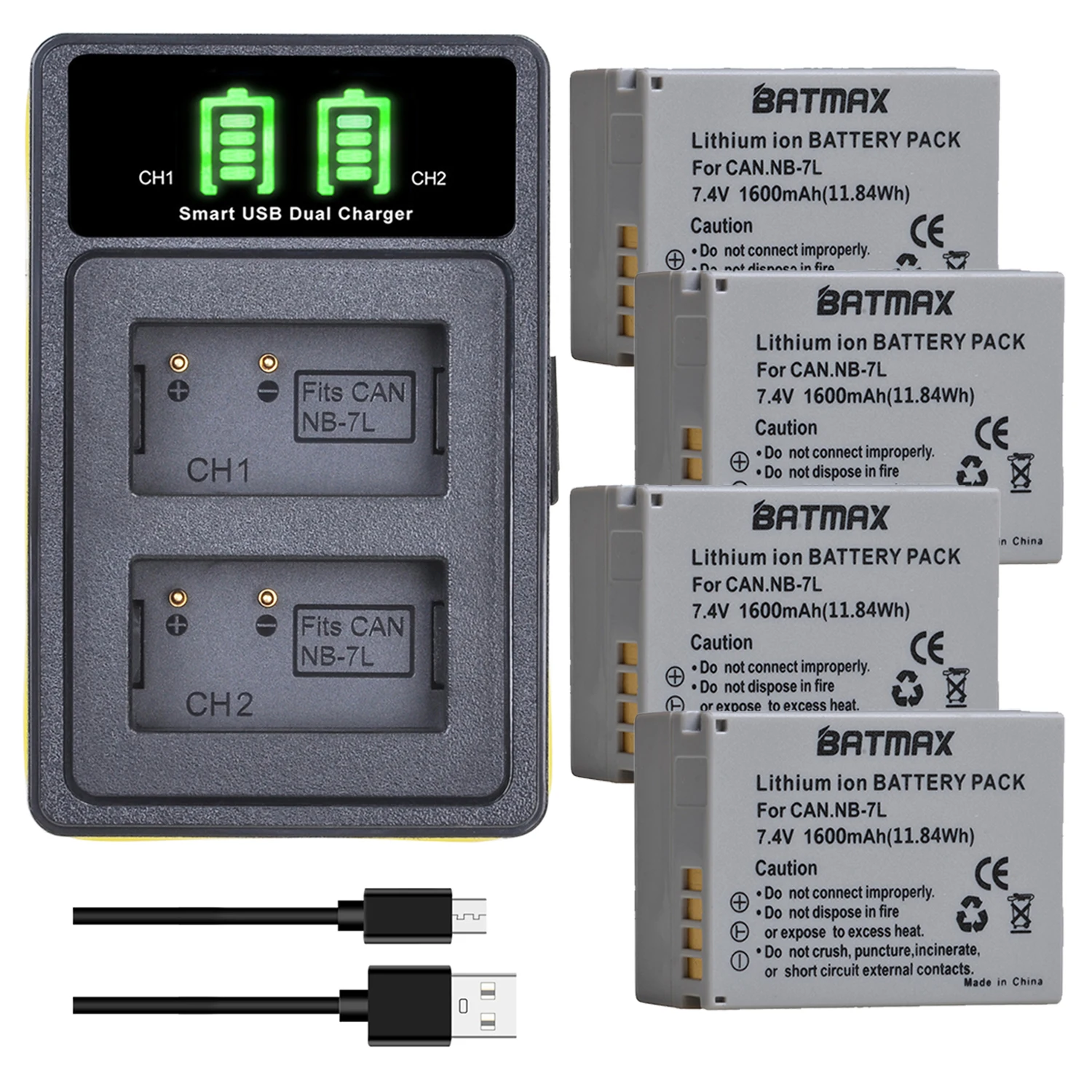 

Batmax NB-7L NB 7L 1600mAh Battery+LED USB Dual Charger with Type C Port for Canon PowerShot SX30IS,G12,G10,G11,PC1428,PC130