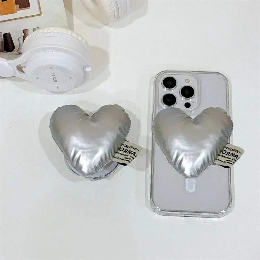 Ins Korea 3D Silver Love Heart For Magsafe Magnetic Phone Stand For Phone Foldable Wireless Charging Case Holder