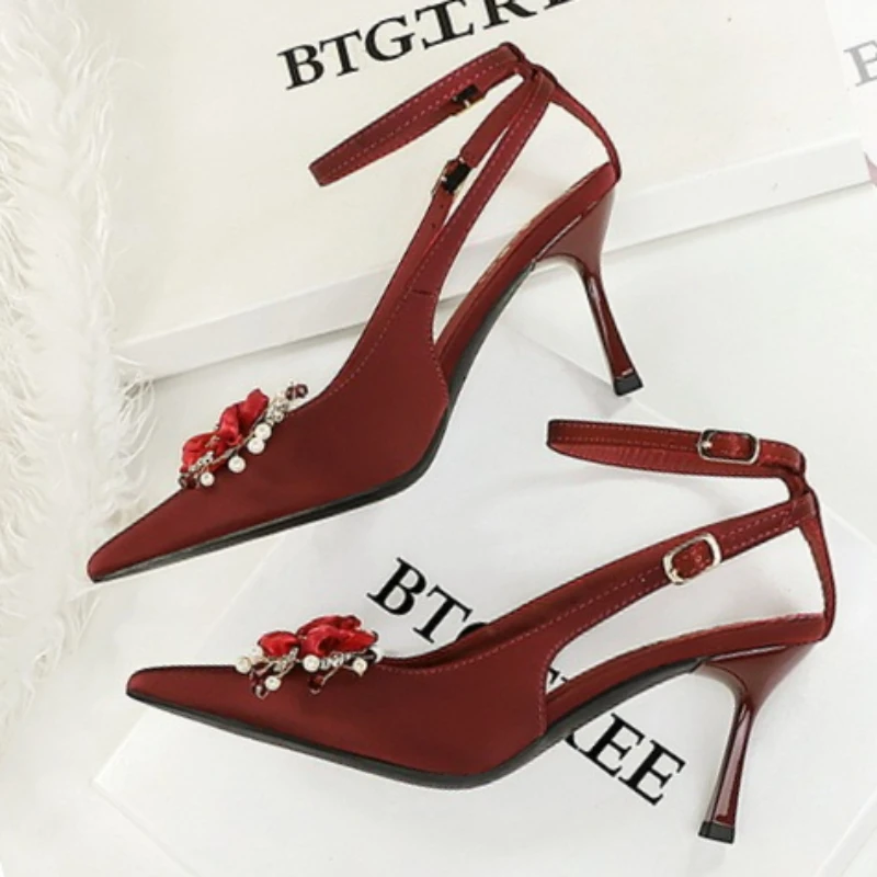 BIGTREE Shoes Ladies Sexy Pointed Toe Heels Rhinestone Ribbon Flowers Cut One Strap Thin Stiletto Banquet Wedding Dress view 5