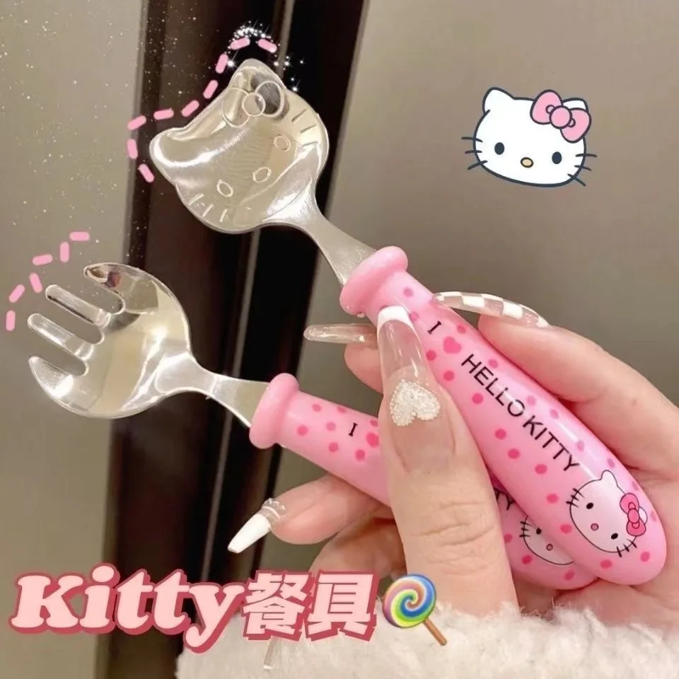 2PCS Kawaii Sanrio Spoon Fork Chopstick Tableware Set HelloKitty Cartoon Cutlery Set Outdoor Portable Anime Tableware Kids Gifts