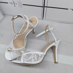 Summer new lace stitched pearl buckle wedding shoes thin high-heeled banquet dress versatile large size small women's sandals