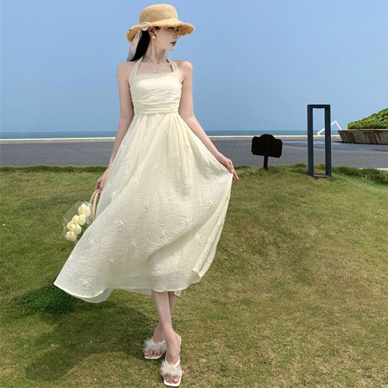 

Summer New Bohemian Beach Ruched Dress Quinceanera Women 2023 Women's Long Halter Elegant Ladies Celebrity Formal Chic Sundress