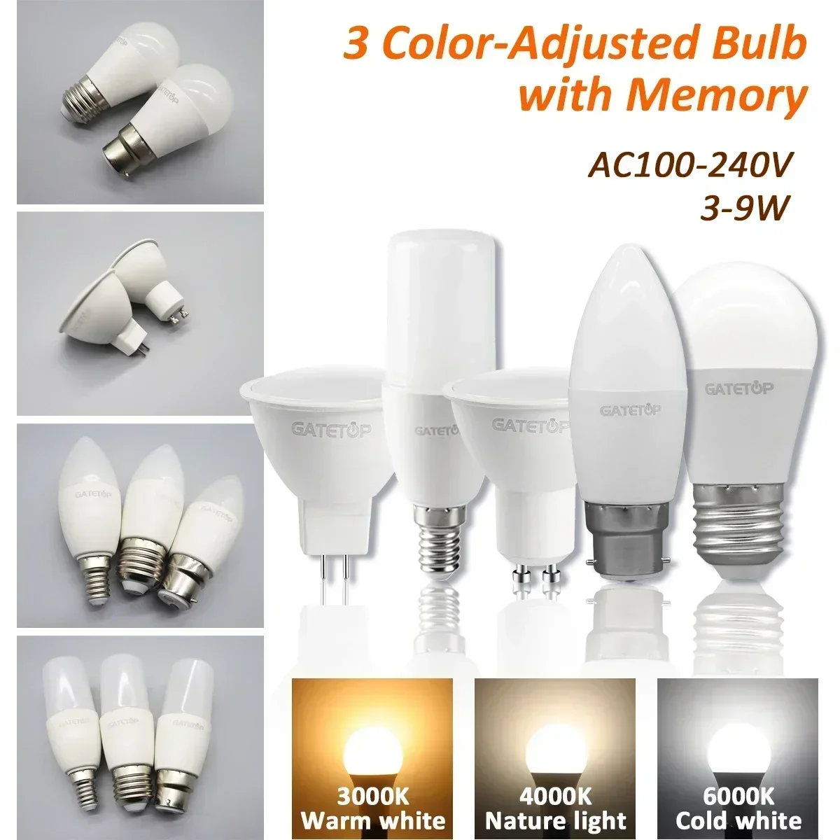 

4pcs LED Spot Light GU10 Wall switch CCT 3000K 4000K 6000K E27 B22 GU5.3 Base light Bulb AC110V 220V Memory Function Color