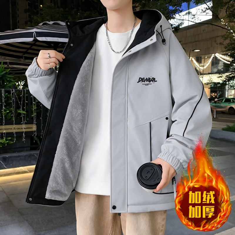 Casual 2026 Autumn Winter Men's Outdoor Hooded Plush Jackets Windproof Fleece Lined Thicken Coat Streetwear Warm Parkas Clothing