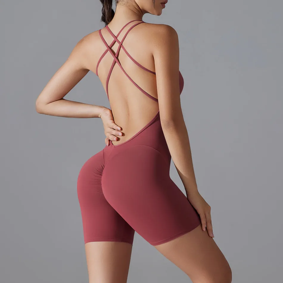 Plus Size Deep V Bodysuits Sports Women Gym Rompers Yoga Set Scrunch Legging Workout One-Piece Jumpsuit Suit Active Wear XP307