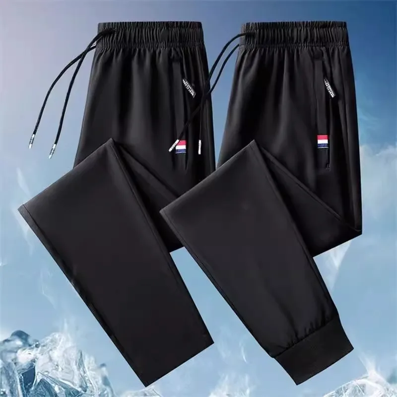 Summer Spring Invisible Zipper Open Crotch Ice Silk Pants Casual Black Plus Size Straight Trousers