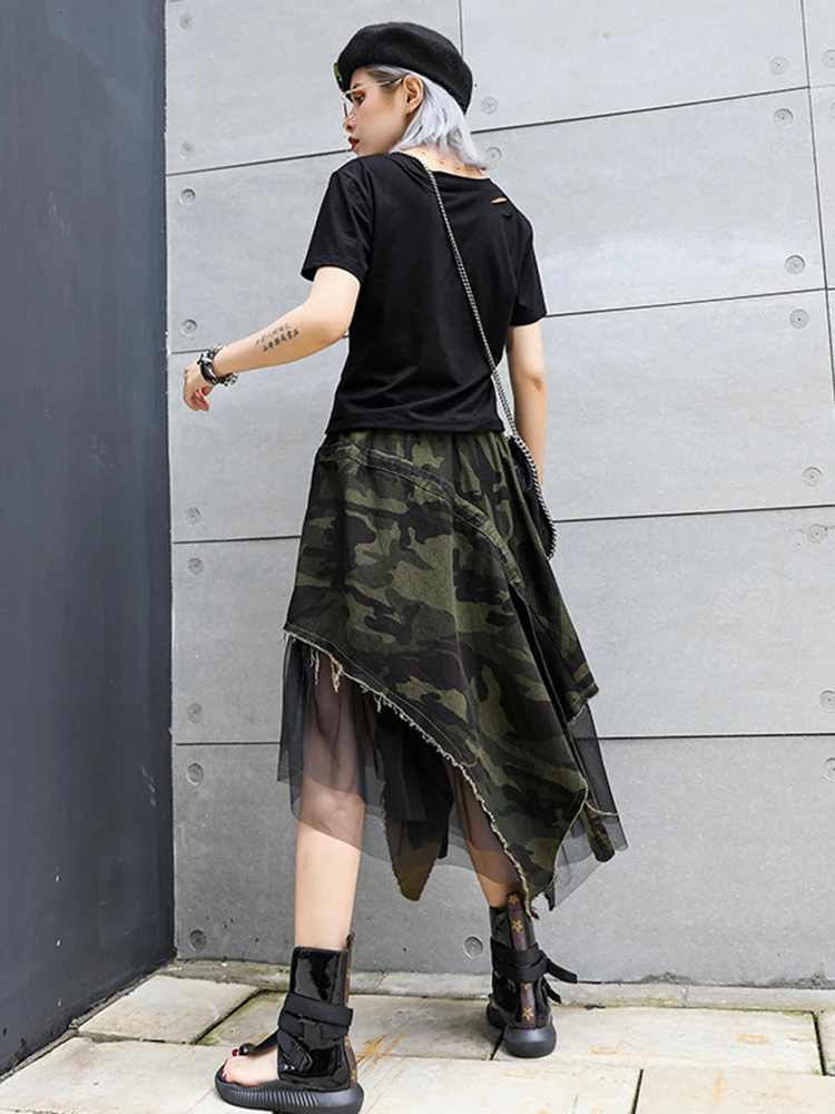 [EAM] High Elastic Waist Camouflage Irregular Mesh A-line Half-body Skirt Women Fashion Tide New Spring Autumn 2024 1DH6094