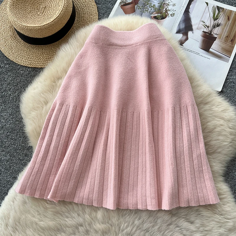 Women Knit Skirt Pleated Korean High Waist Slimming A-Line Elastic Waist Patchwork Youthful Petite Fall Spring Female SK146